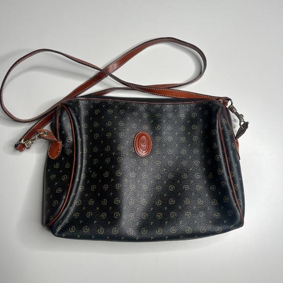 pollini vintage shoulder bag made in italy black monogram leather trim crossbody - Picture 1 of 8